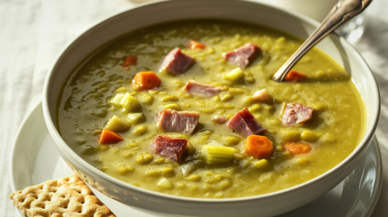 Split pea soup with bacon, carrots, and celery