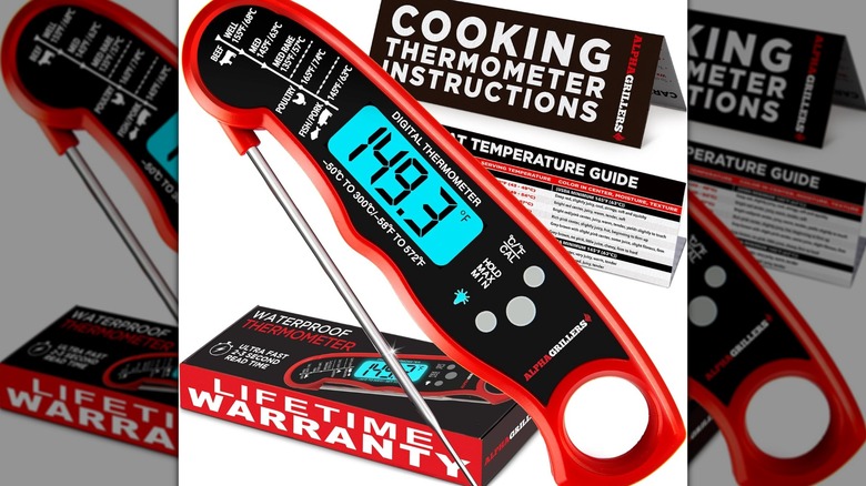 A red and black digital meat thermometer with blue-backlit temperature display