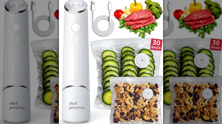 A white vacuum sealer machine with power cord and bags of vacuum-sealed food