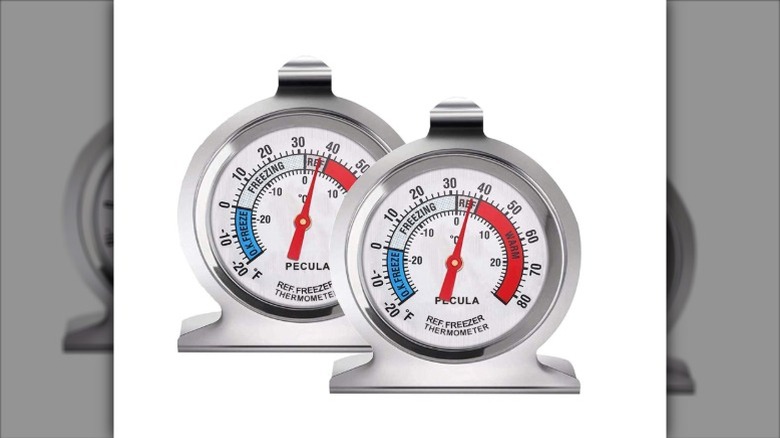 Two refrigerator thermometers together on a white background