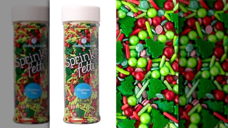 A bottle of Sweets Indeed Sprinklefetti Christmas Tree next to a close up of the sprinkles