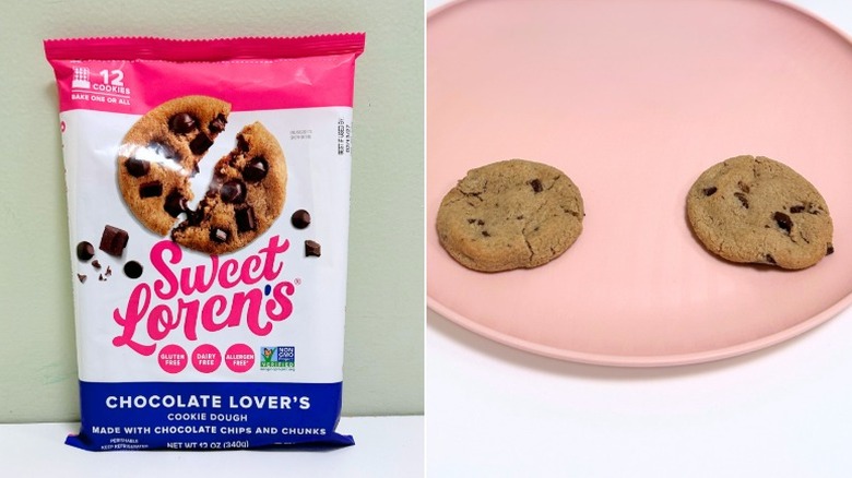 A bag of Sweet Loren's Gluten Free Chocolate Lover's Cookie Dough next to a plate of cookies