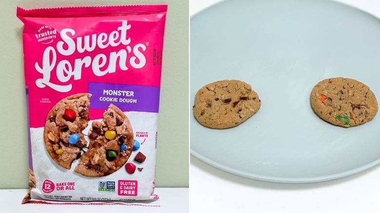 A bag of Sweet Loren's Gluten-Free Monster Cookie Dough next to a blue plate of cookies