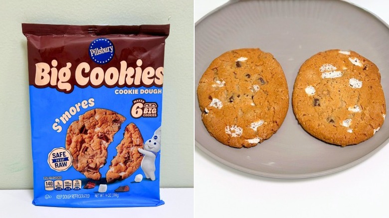A bag of Pillsbury Big Cookies S'mores Cookie Dough next to a plate of cookies