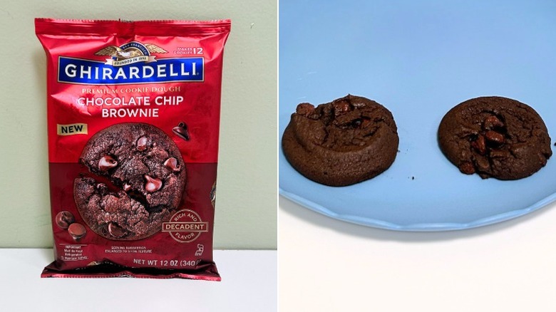 A bag of Ghirardelli Chocolate Chip Brownie Premium Cookie Dough next to a blue plate of chocolate cookies