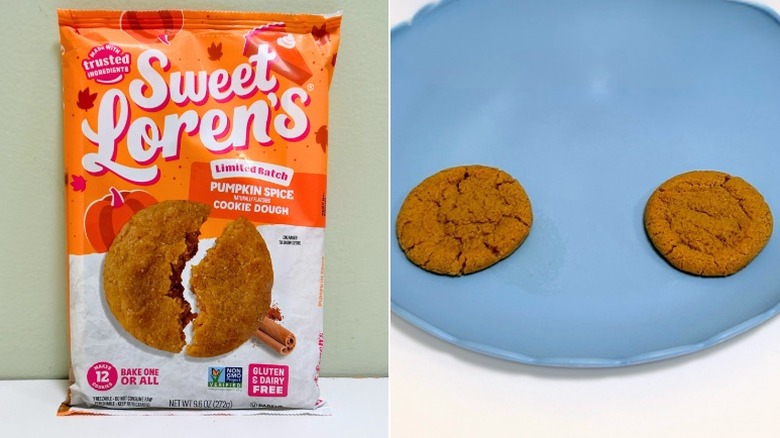 A bag of Sweet Loren's Gluten Free Pumpkin Spice Cookie Dough next to a plate of cookies