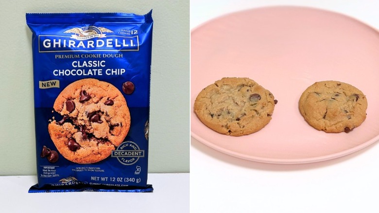 A bag of Ghirardelli Classic Chocolate Chip Premium Cookie Dough next to a plate of cookies