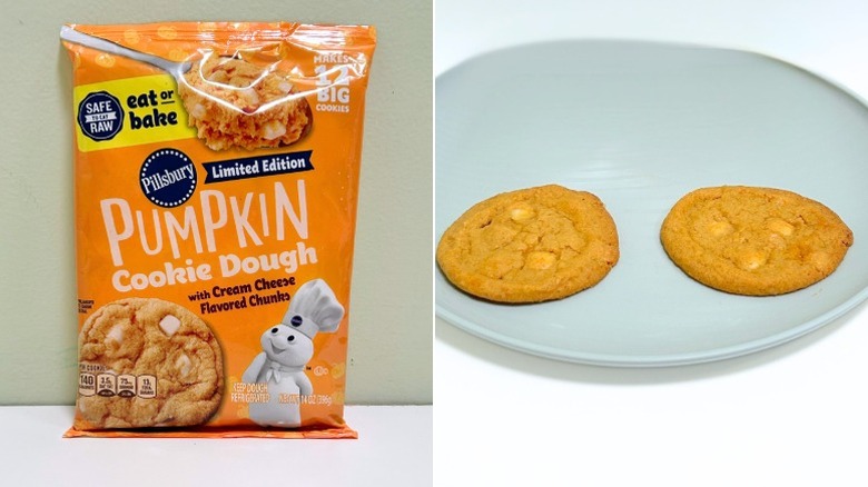 A bag of Pillsbury Pumpkin Cookie Dough with Cream Cheese Flavored Chunks next to a plate of cookies