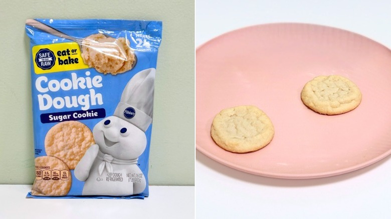 A bag of Pillsbury Sugar Cookie Dough next to a pink plate of sugar cookies