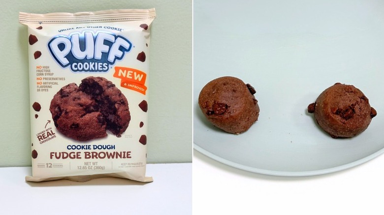A bag of Puff Cookies Fudge Brownie Cookie Dough next to a plate of cookies