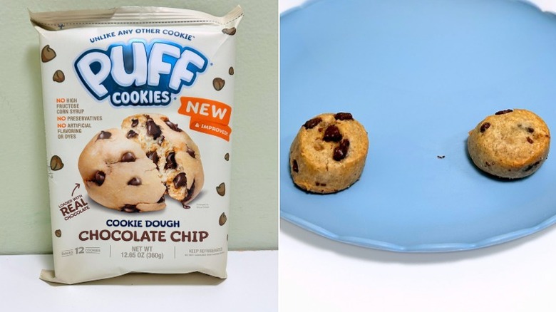 A bag of Puff Cookies Chocolate Chip Cookie Dough next to a blue plate of cookies