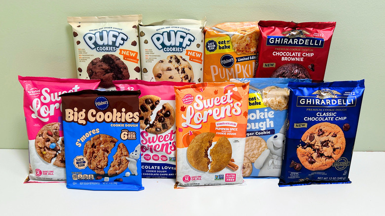 Ten store-bought cookie doughs arranged together in two rows