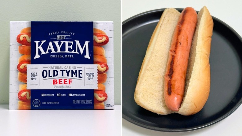A package of Kayem Old Tyme Natural Casing Beef Frankfurters next to a hot dog in a bun