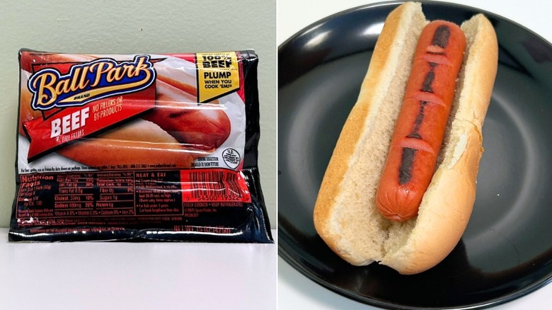 A package of Ball Park Beef Hot Dogs next to a hot dog in a bun
