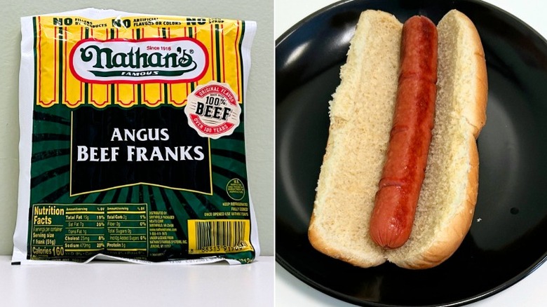 A package of Nathan's Angus Beef Franks next to a hot dog in a bun