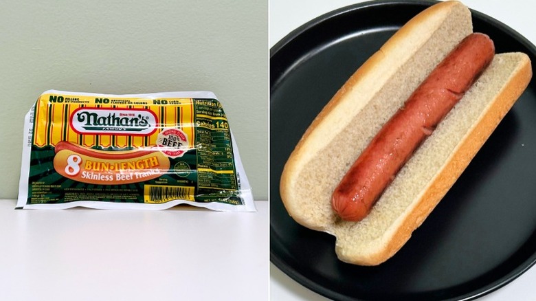 A package of Nathan's Bun-Length Skinless Beef Franks next to a hot dog in a bun