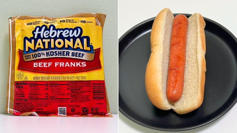 A package of Hebrew National Beef Franks next to a hot dog in a bun