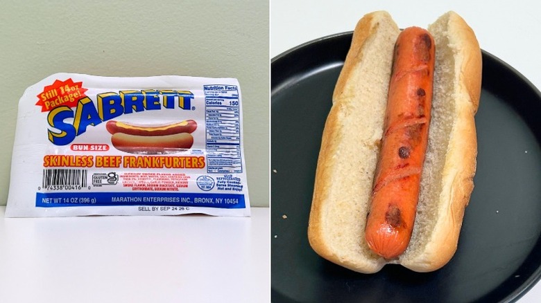 A package of Sabrett Skinless Beef Frankfurters next to a hot dog in a bun