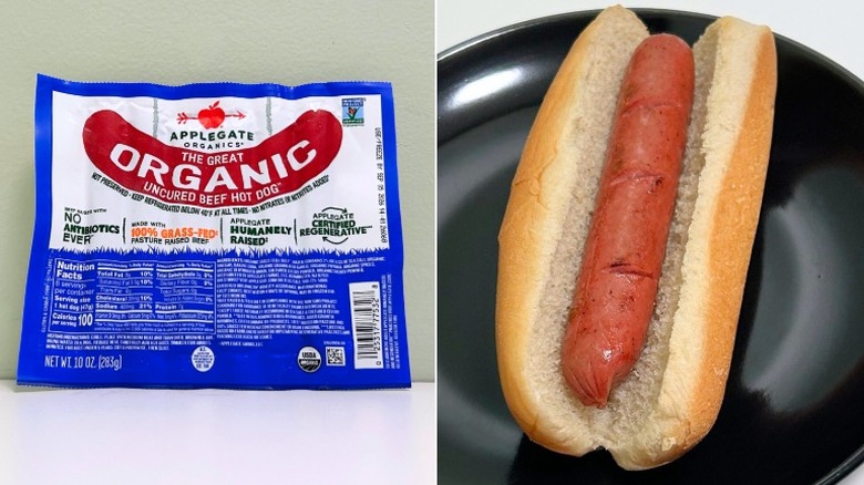 A package of Applegate Organics The Great Organic Uncured Beef Hot Dog next to a hot dog in a bun