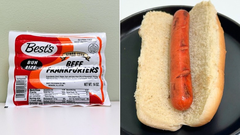A package of Best's Bun-Size Beef Frankfurters next to a hot dog in a bun