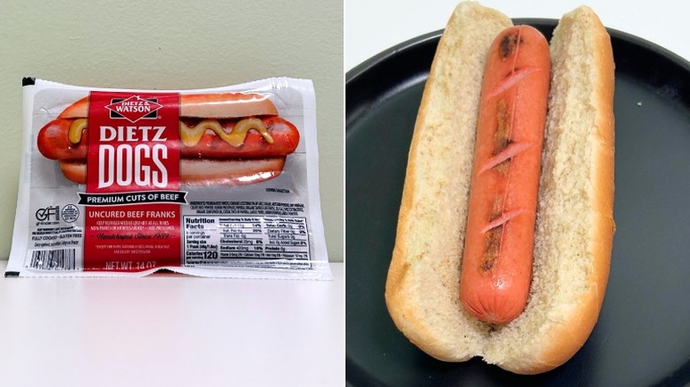 A package of Dietz and Watson Dietz Dogs Uncured Beef Franks next to a hot dog in a bun