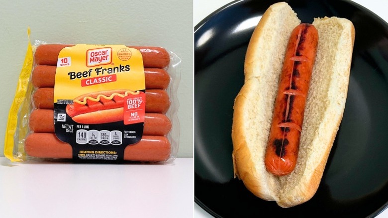 A package of Oscar Mayer Classic Beef Franks next to a hot dog in a bun