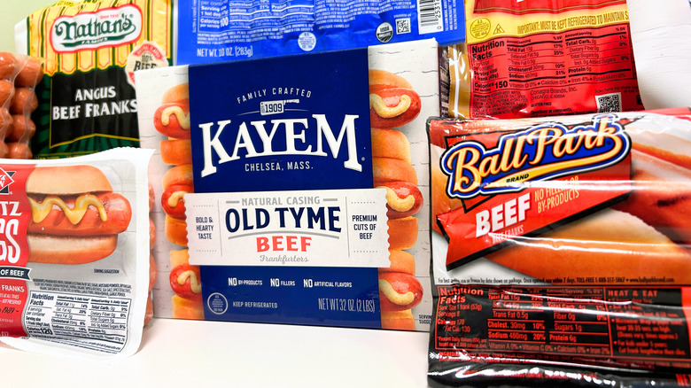 Close-up of several all-beef hot dog products