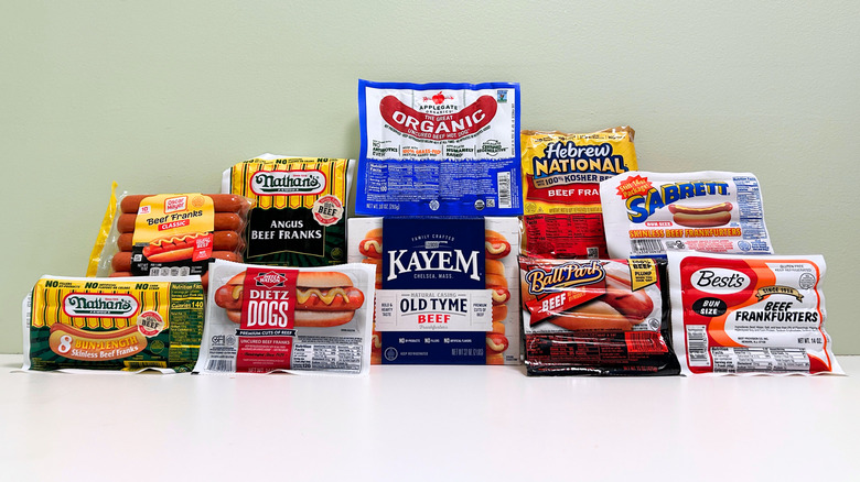 10 all-beef hot dog products in a pyramid-shaped arrangement