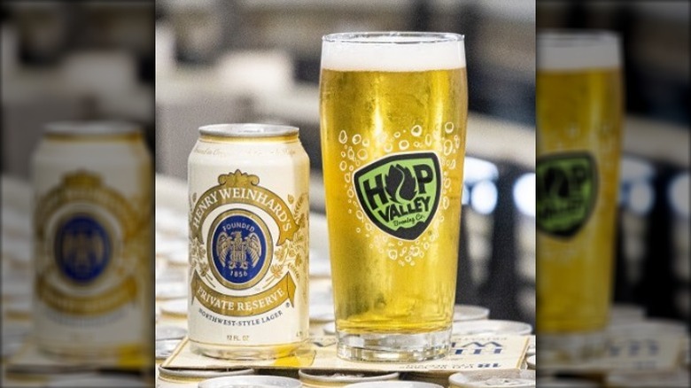 A can and glass of Henry Weinhard's Private Reserve