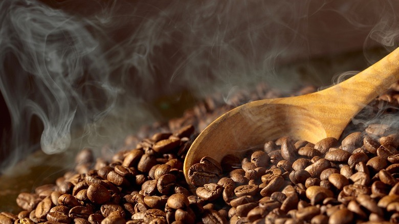 A wooden spoon stirring medium roast coffee beans