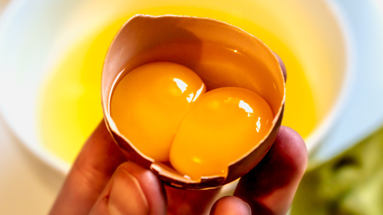 Close up of person holding a cracked egg filled with two egg yolks