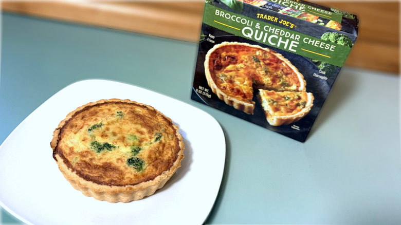 plated quiche in front of product box
