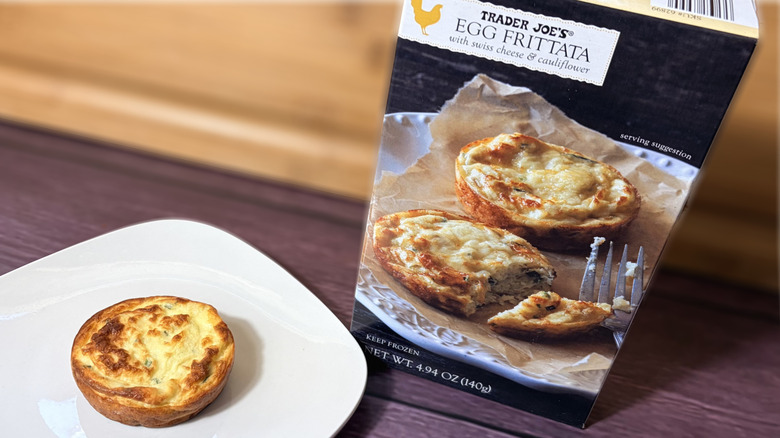 one plated egg frittata next to product package