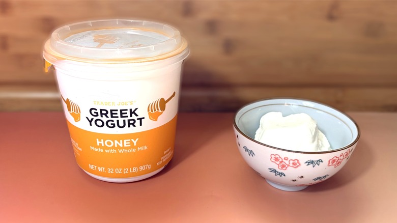 container and bowl of honey greek yogurt