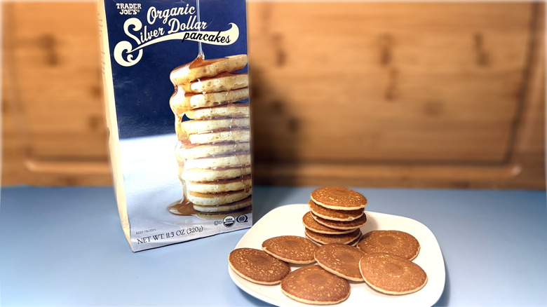 plated silver dollar pancakes in front of product package