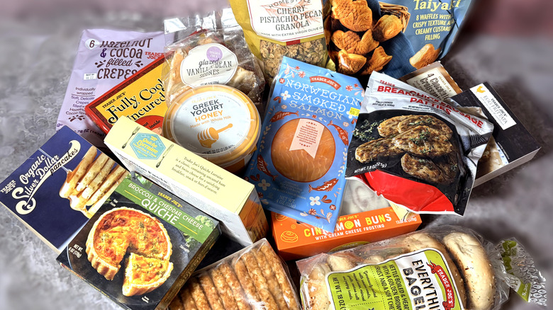 selection of trader joes brunch items piled on table