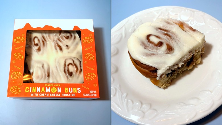 box of cinnamon buns on left and plated cinnamon bun on right