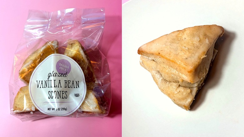package of vanilla bean scones on left and single plated scone on right