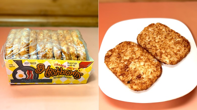 package of frozen hashbrowns on left and two plated cooked hashbrowns on right