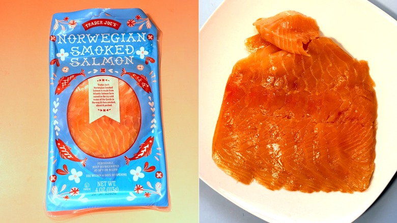 package of smoked salmon on left and plated smoked salmon on right