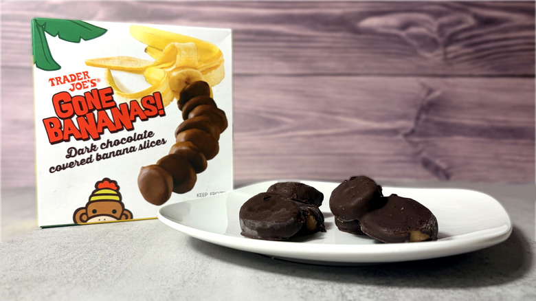 Package and plate of chocolate covered banana slices