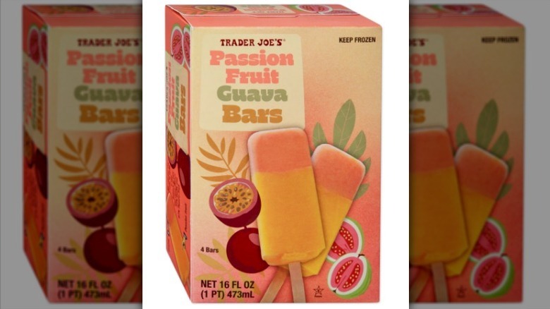 Passion fruit guava bars in a peach and orange box on white background