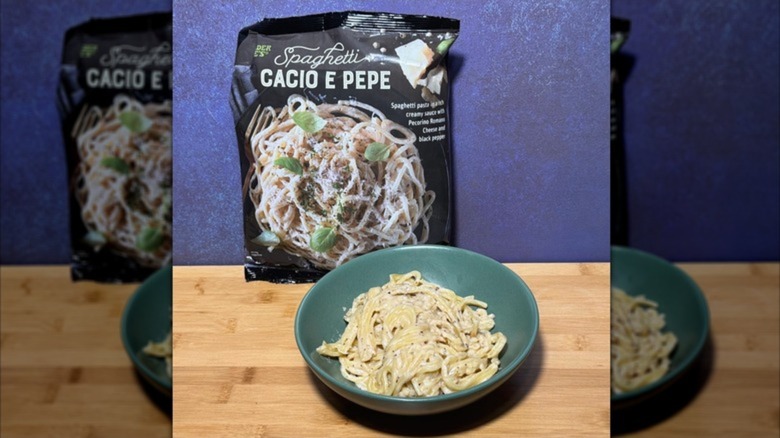 Package of Trader Joes Frozen cacio e pepe spaghetti