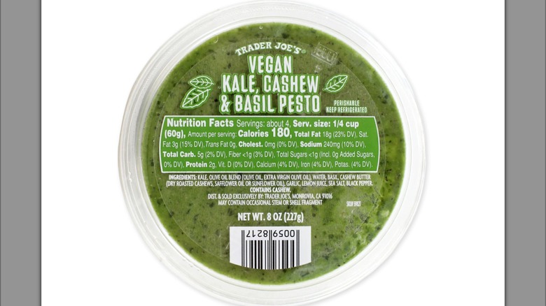 Tub of Trader Joes Vegan kale cashew & basil pesto