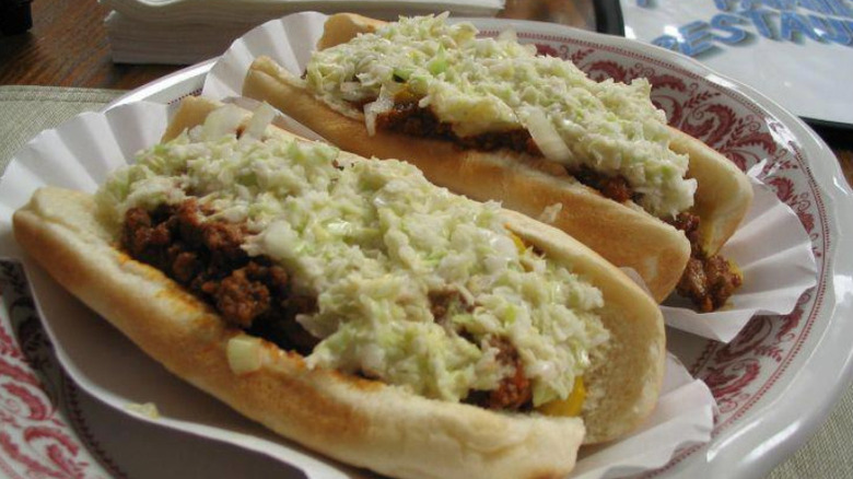 Two West Virginia Hot Dogs on an antique plate