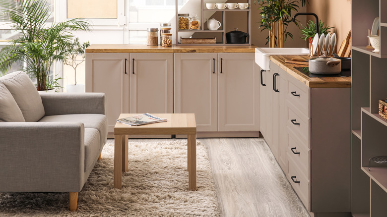 Cozy kitchen aesthetic with couch and griege-colored cabinets