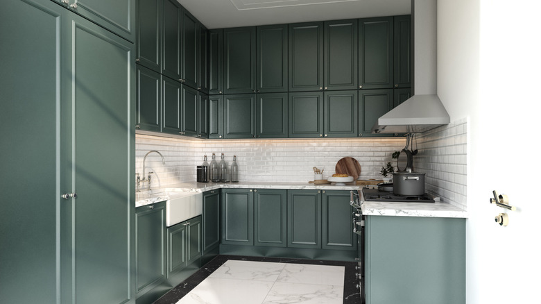 Midnight green cabinets in modern kitchen
