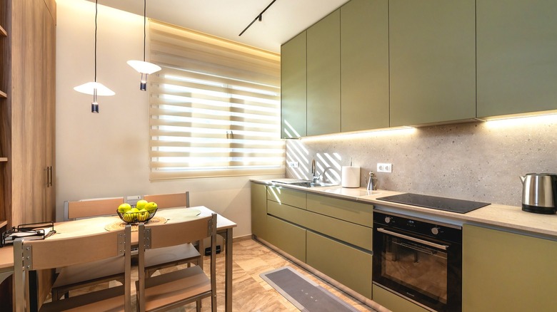 Minimalistic kitchen with olive green cabinetry
