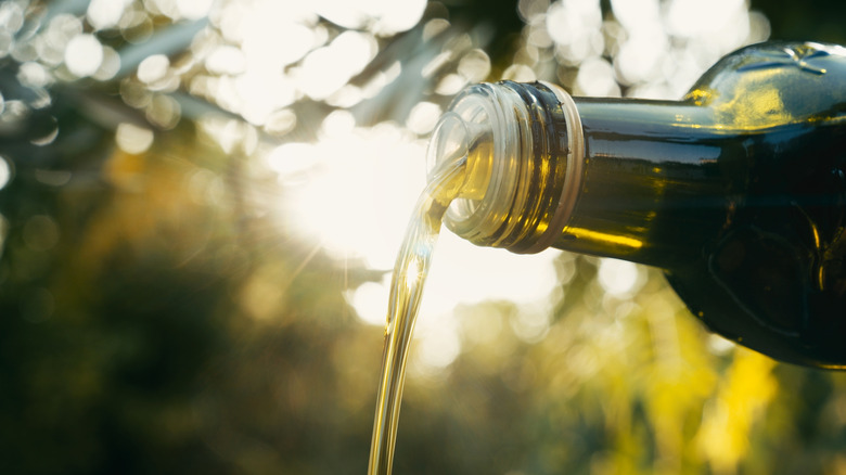 Olive oil is poured from a bottle