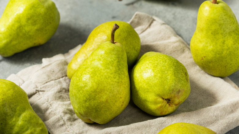 green bartlett pears styled in a bunch on a neutral dish towel